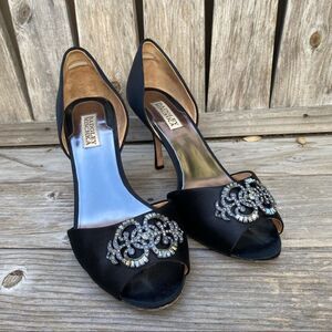 Badgley Mischka Salsa Black Satin Embellished Peep Toe d'Orsay Pumps